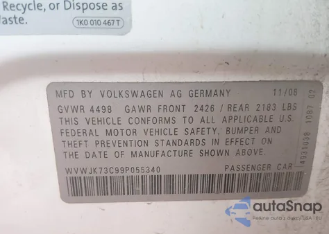 2009 Volkswagen Passat Komfort z USA, uszkodzony, nr VIN WVWJK73C99P055340